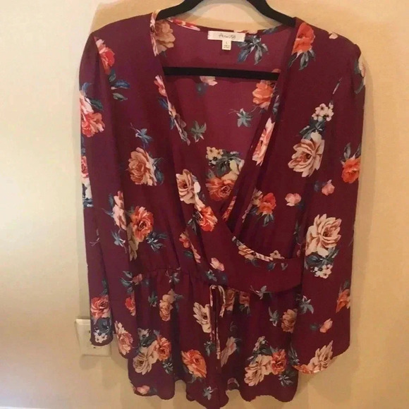 Active USA Pretty Burgundy Floral Romper with Elastic Waist-Size XL - Picture 1 of 6